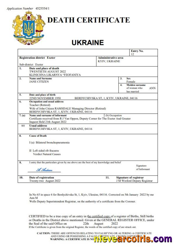 Ukraine death certificate
